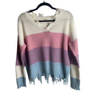 Jolie & Joy Size Large Distressed Striped Ribbed Knit Sweater Purple Blue Pink